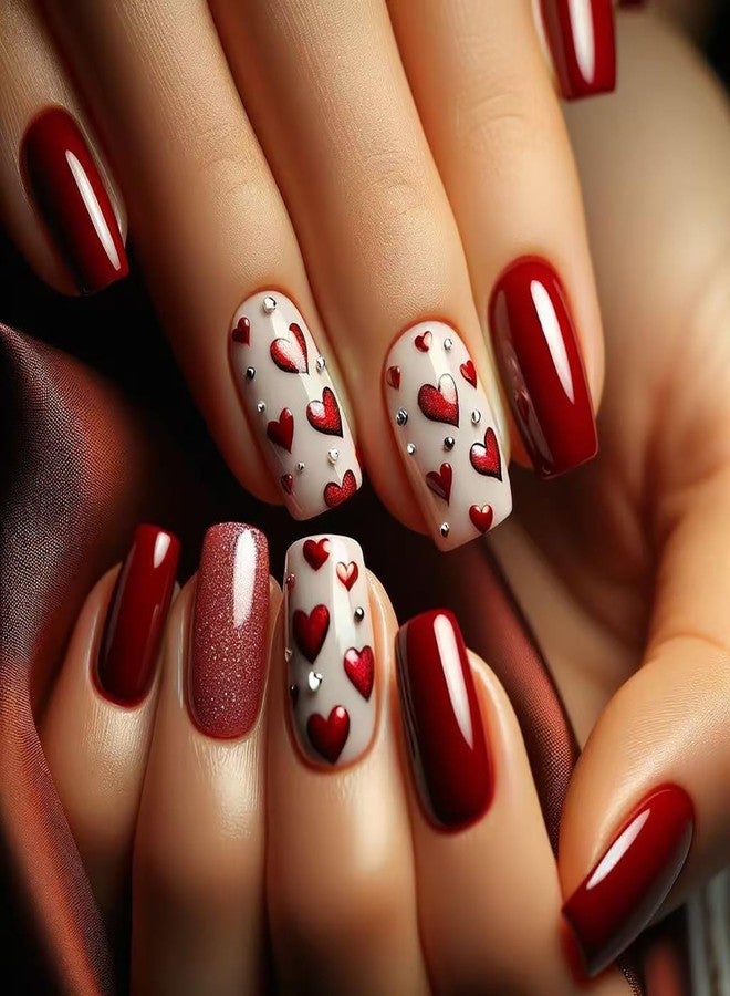 GRITOSE 24Pcs Valentine’s Day Glitter Press on Nails Square Medium Fake Nails with Glue Red Full Cover Nails Press ons Valentines Heart False Nails with Rhinestone Design Artificial Stick on Nail for Women - Image 1